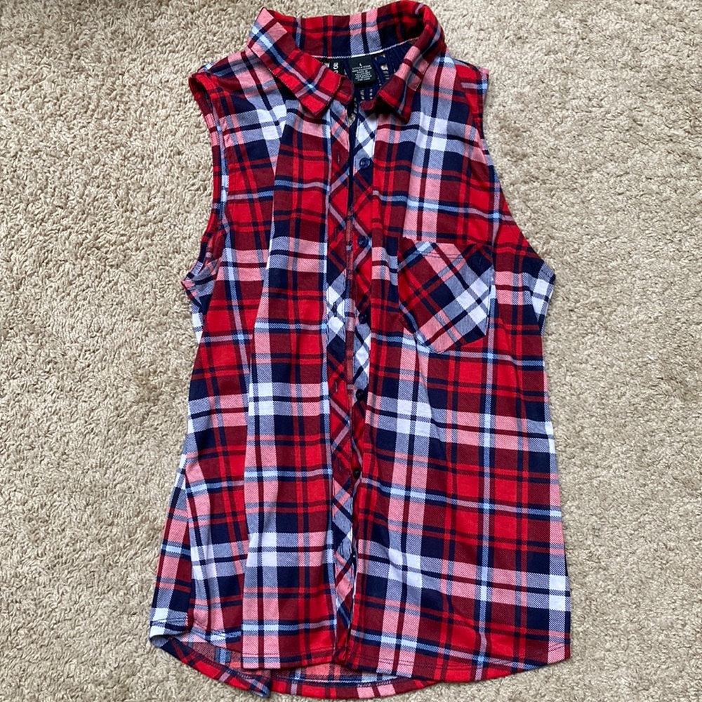 Red White Blue Sleeveless Button Up Blouse